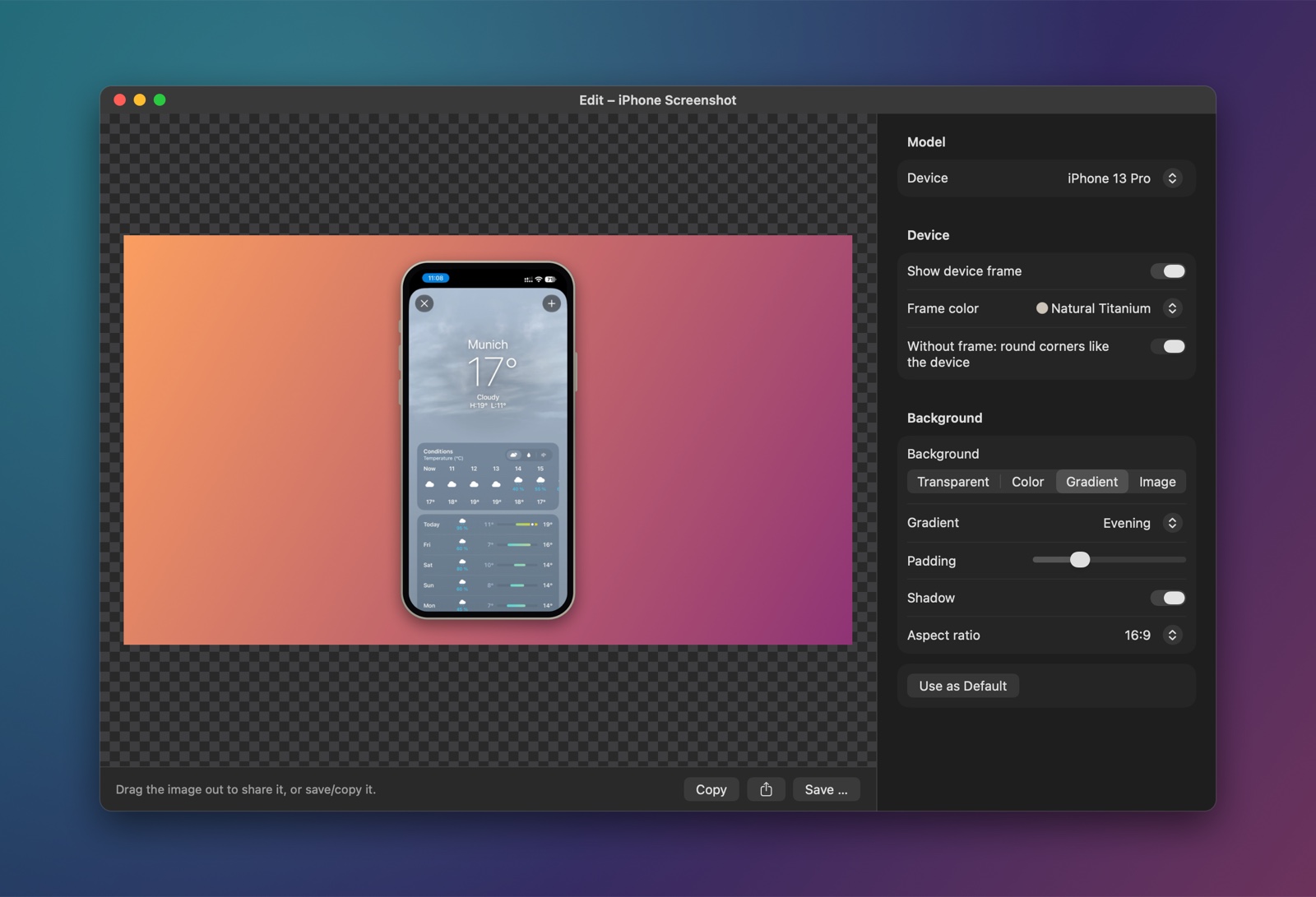 Editor framing a screenshot on a gradient in 16:9