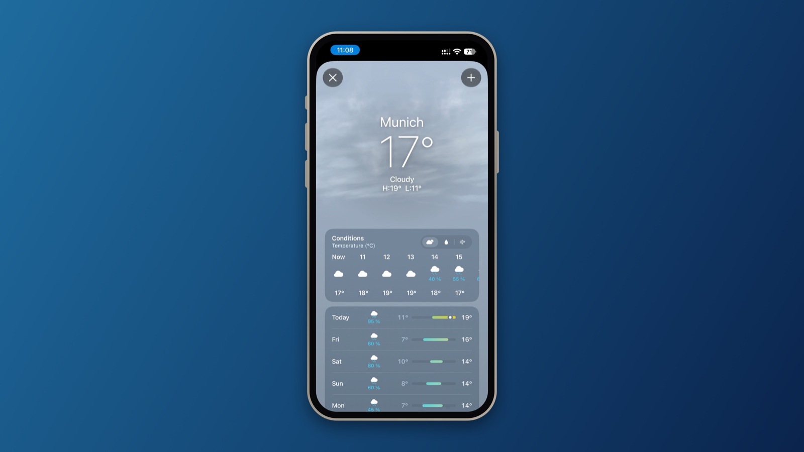 Framed iPhone screenshot on a blue gradient